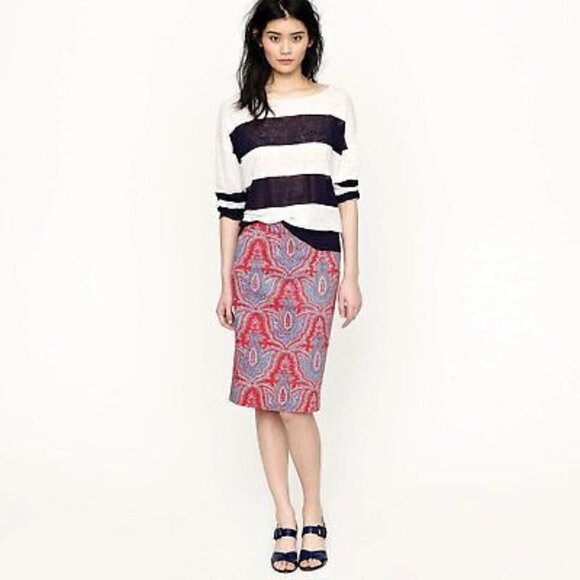 J. Crew No 2 Pencil Skirt Raj Blue & Red Paisley 2 - Picture 1 of 5